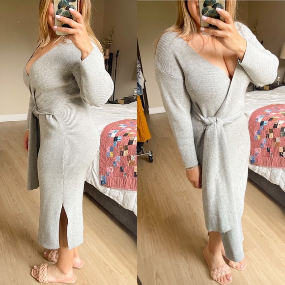 Nothing Fits But | Wrap Wool Knit Nursing Sweater Dress In Grey One Size! - Picture 3 of 7